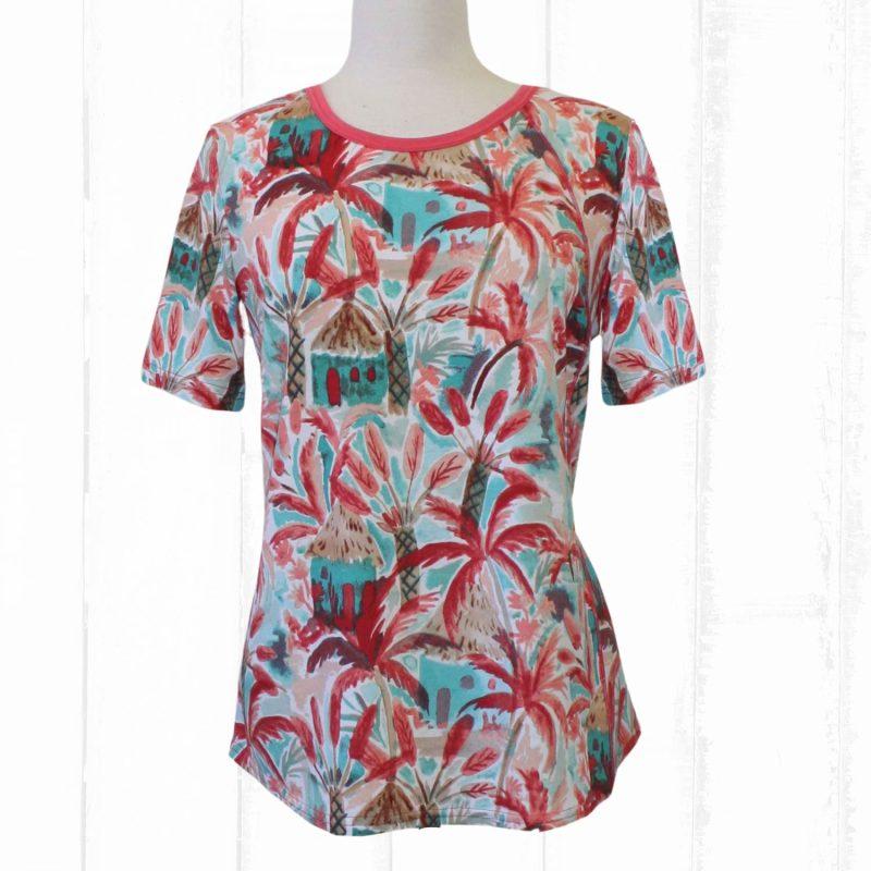 T-shirt adapté pour femme à manches courtes imprimé tan, corail et aqua
